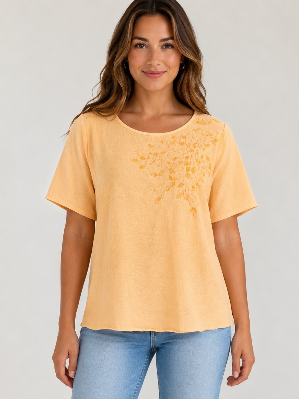 Women's Peach Embroidered Short-Sleeve Top